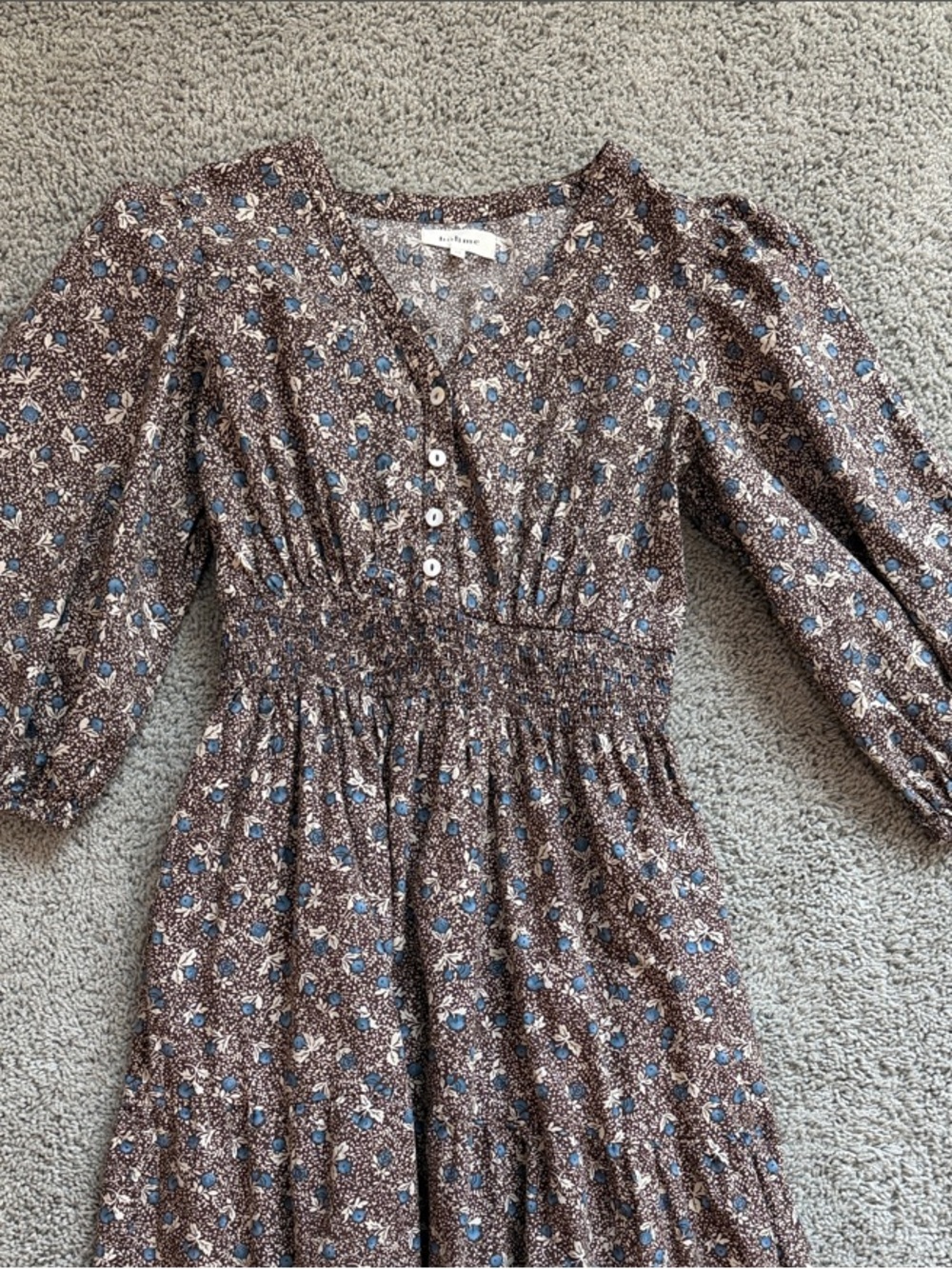 Bohme 100% Cotton Floral Brown Puff-Sleeve Midi Dress